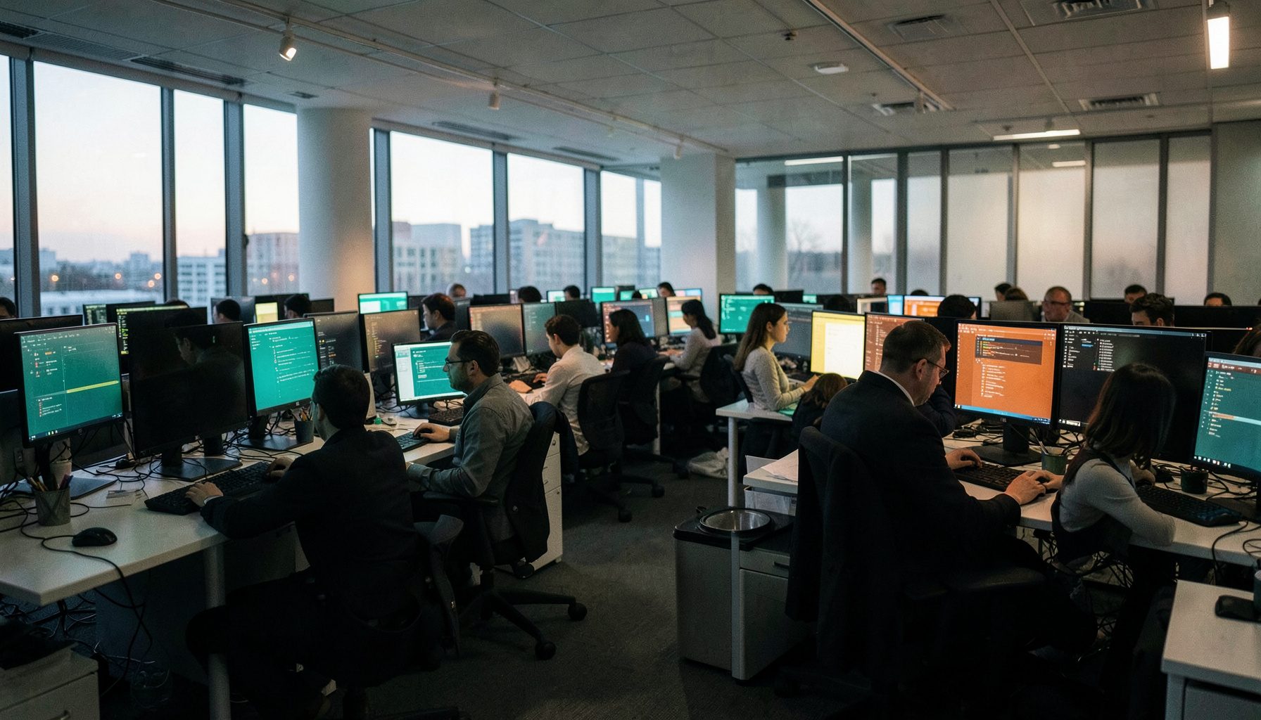 Wide documentary photograph of a modern open-plan trading technology office at dusk with rows of monitors glowing teal, quiet and focused mood