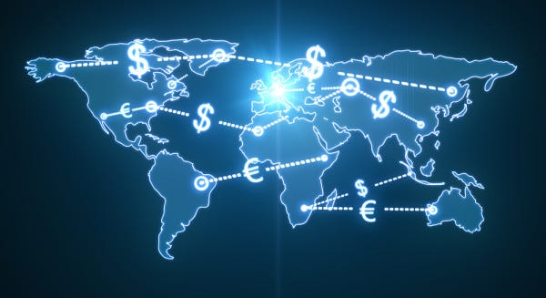 Glowing blue world map outline with dollar and euro currency symbols connected by dotted lines on a dark background, evoking a global financial network
