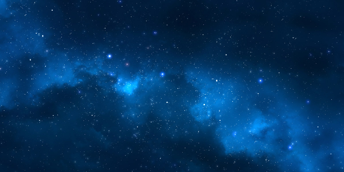 Starry night sky with blue nebula clouds and scattered bright stars, deep blue and black tones, serene cosmic mood